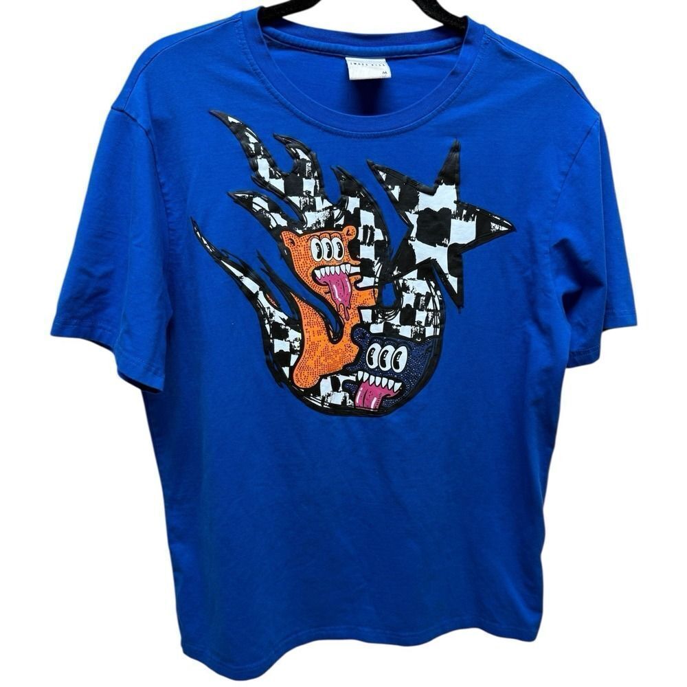 Smoke Rise Mens T-shirt Blue Cotton Short Sleeve & Glitter Sequins Graphic.Sz M